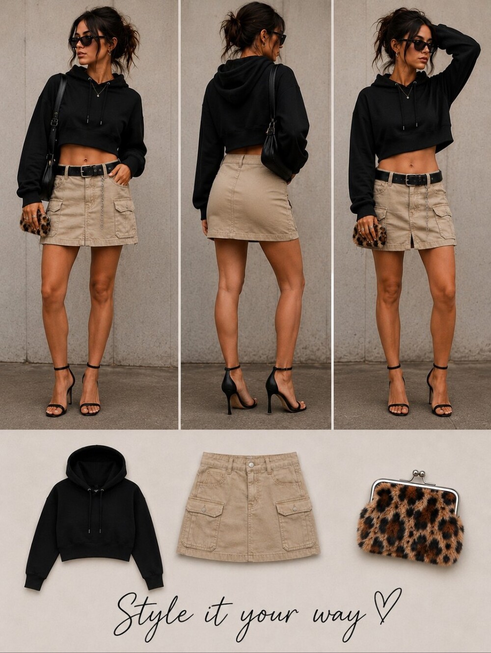 3-PIECE OUTFIT BUNDLE — DEREK HEART BLK HOODED TOP + CARGO SKIRT + LEOPARD PURSE